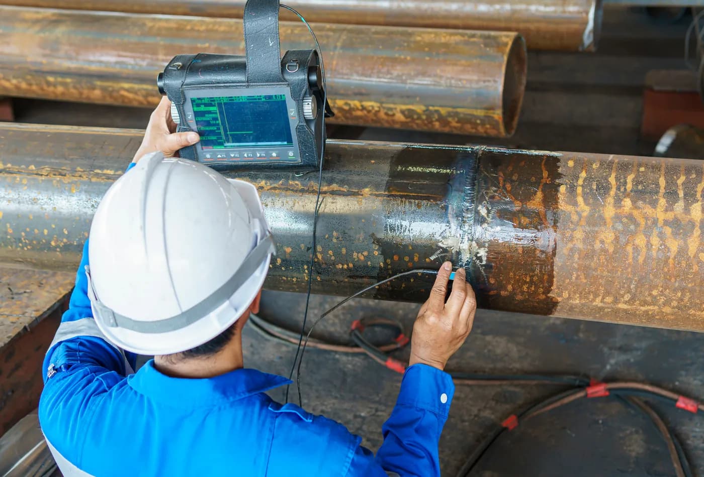 Inspector examining process piping welds at a fabrication facility